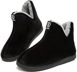 GURGER Hüttenschuhe Damen Plüsch Hausstiefel Gefüttert Herren Warm Hausschuhe Hohe Winter Pantoffeln Slipper Feste Sohle für Frauen Schwarz Gr 38 39 von GURGER