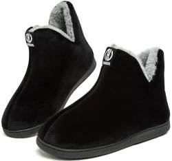 GURGER Hüttenschuhe Damen Plüsch Herren Hausstiefel Gefüttert Warm Hausschuhe Hohe Winter Pantoffeln Slipper Feste Sohle für Frauen Männer Schwarz Gr 42 43 von GURGER