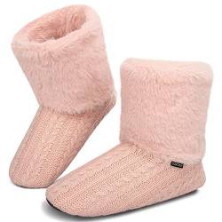 GURGER Hüttenstiefel Damen Plüsch Gefüttert Hüttenschuhe Herren Hausstiefel Winter Warm Hausschuhe Hohe Pantoffeln Strick Slipper Boot Weiche Sohle Geräuschlos Rosa Größe 38 39 von GURGER