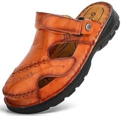 GURGER Sandalen Herren Leder Clogs Sommer Outdoor Slipper Geschlossen Pantoletten Größe 44 Rot Braun von GURGER