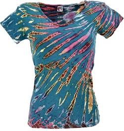 GURU SHOP Batik Hippie T-Shirt mit V-Auschnitt, Unikat Batikshirt, Damen, Petrol, Synthetisch, Size:38 von GURU SHOP