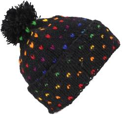 GURU SHOP Beanie Mütze, Bommelmütze aus Nepal, Bunte Wollmütze, Schurwolle, Herren/Damen, Schwarz/Regenbogen, Size:One Size von GURU SHOP