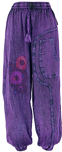 GURU SHOP Bestickte Aladinhose, Baumwollhose, Stonewash Pluderhose, Yogahose, Lila, Baumwolle, Size:L (40) von GURU SHOP