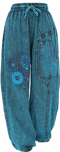 GURU SHOP Bestickte Aladinhose, Baumwollhose, Stonewash Pluderhose, Yogahose, Petrol, Baumwolle, Size:L (40) von GURU SHOP