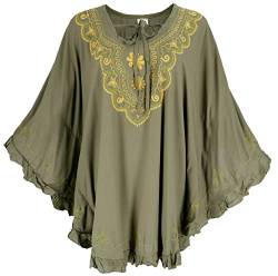 GURU SHOP Bestickter Hippie Poncho, Tunika, Kaftan, Strandkleid, Maxi Größe, Damen, Khaki, Synthetisch, Size:One Size von GURU SHOP