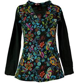 GURU SHOP Besticktes Langarmshirt mit V-Neck Flower Power Hippie Chic, Schwarz/bunt, Baumwolle, Size:L (40) von GURU SHOP