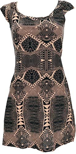 GURU SHOP Ethno Minikleid, Goakleid mit Ärmelchen, Psychodelischem Druck, Schwarz/Sand, Baumwolle, Size:M (38) von GURU SHOP