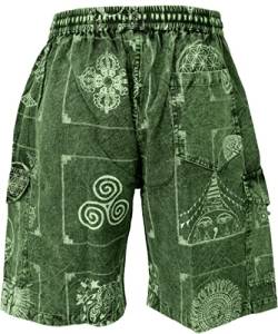 GURU SHOP Ethno Yogashorts, Stonewash Shorts aus Nepal, Grün, Baumwolle, Size:M (46) von GURU SHOP