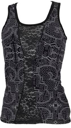 GURU SHOP Goa Psytrance Tank Top mit Spitze, YogaTop, Schwarz/grau, Baumwolle, Size:S (36) von GURU SHOP