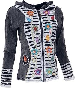 GURU SHOP Goa Stonewash Jacke, Patchwork Kapuzenjacke mit Blüten, Schwarz, Baumwolle, Size:S (38) von GURU SHOP