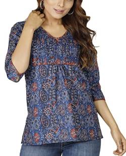 GURU SHOP Handbedruckte Bluse, Luftige Baumwollbluse, Blau, Baumwolle, Size:L (40) von GURU SHOP