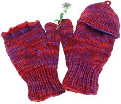 GURU SHOP Handgestrickte Handschuhe, Klapphandschuhe Nepal, Wollhandschuhe, Herren/Damen, Rot/lila, Wolle, Size:One Size von GURU SHOP