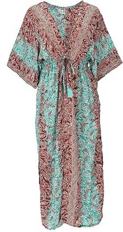 GURU SHOP Kimonokleid, Seidig Glänzender Kimono, Kimonomantel, Damen, Aqua/braun, Synthetisch, Size:One Size von GURU SHOP