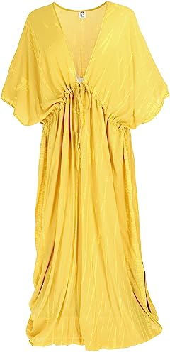 GURU SHOP Langer Plus Size Batik Kaftan, Strandkleid, Sommerkleid, Maxikleid für Starke Frauen, Damen, Safran, Synthetisch, Size:44 von GURU SHOP