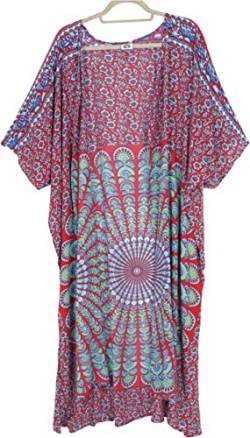 GURU SHOP Leichter Sommer Kimono, Umhang, Strandkleid mit Mandala Muster, Damen, Rot/blau, Synthetisch, Size:44 von GURU SHOP