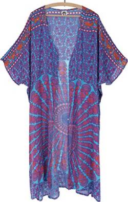 GURU SHOP Leichter Sommer Kimono, Umhang, Strandkleid mit Mandala Muster, Damen, Türkis/pink/rost, Synthetisch, Size:44 von GURU SHOP