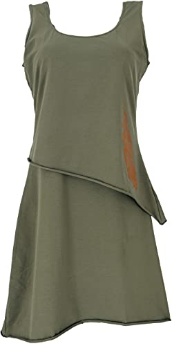 GURU SHOP Minikleid aus Bio-Baumwolle im Lagenlook, ärmelloses Kleid mit Federdruck, Olive, Size:XL (42) von GURU SHOP