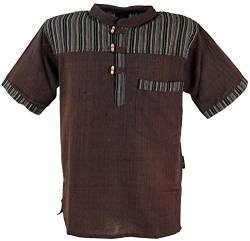 GURU SHOP Nepal Fischerhemd, Gestreiftes Goa Hippie Kurzarmhemd, Coffee, Baumwolle, Size:3XL von GURU SHOP