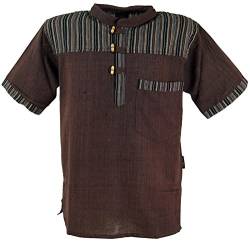 GURU SHOP Nepal Fischerhemd, Gestreiftes Goa Hippie Kurzarmhemd, Coffee, Baumwolle, Size:XXL von GURU SHOP