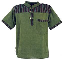 GURU SHOP Nepal Fischerhemd, Gestreiftes Goa Hippie Kurzarmhemd, Olive, Baumwolle, Size:M von GURU SHOP