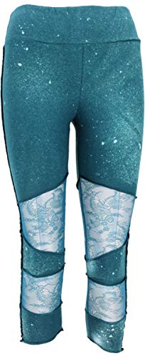 GURU SHOP Psytrance 3/4 Goa Damen Leggings, Festival Party Hose mit Spitze, Petrol, Baumwolle, Size:S/M (36) von GURU SHOP