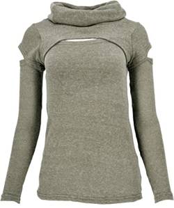 GURU SHOP Psytrance Feinstrick Langarmshirt mit Offenen Schultern, Rollkragen, Olivgrün, Baumwolle, Size:L (40) von GURU SHOP