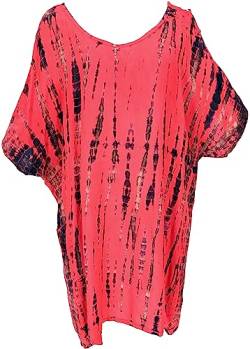 GURU SHOP Schulterfreies Batikdress, Cold Shoulder Tunika, Strandkleid, Weites Minikleid, Bigshirt, Damen, Rot, Synthetisch, Size:42 von GURU SHOP