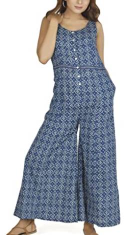 GURU SHOP Sommerliche Latzhose, Ethno Style Oversize Einteiler, Blockdruck Overall, Blau, Baumwolle, Size:XL (42) von GURU SHOP
