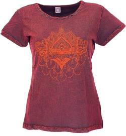 GURU SHOP T-Shirt mit Lotusdruck, Stonewashed Yoga T-Shirt, Dunkelrot, Baumwolle, Size:M (40), Tops & T-Shirts Alternative Bekleidung von GURU SHOP