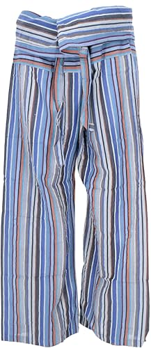 GURU SHOP Thai Fischerhose aus Gestreift Gewebter, Feiner Baumwolle, Wickelhose, Yogahose, Herren/Damen, Taubenblau, Size:One Size von GURU SHOP