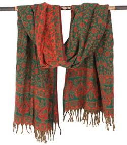 GURU SHOP Weicher Pashmina Schal/Stola mit Paisley Muster - Grün/orangerot, Herren/Damen, Synthetisch, Size:One Size, 200x95 cm von GURU SHOP