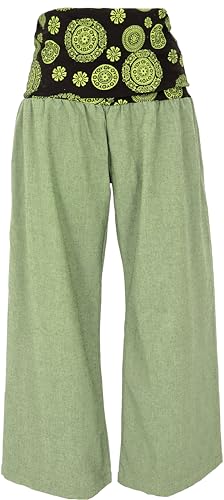 GURU SHOP Weite, Wellnesshose, Yogahose, Hose mit Breitem Bund, Grün/Lemon, Baumwolle, Size:L (40) von GURU SHOP