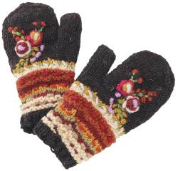 GURU SHOP Wollhandschuhe mit Blümchenstickerei, Handschuhe, Fauster Nepal, Herren/Damen, Dunkelbraun, Wolle, Size:One Size von GURU SHOP