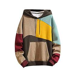 GURUNVANI Hoodies Herren Color Block Pullover Casual Patchowrk O-Neck Hooded Sweatshirt - Schwarz - Small von GURUNVANI