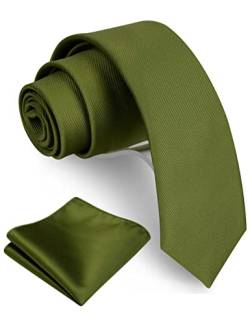 GUSLESON 6,1 cm schmale Krawatte und Taschentuch Set für Männer Solide dünne Krawatte Brosche Set, Olivgrün, Allgemeines von GUSLESON