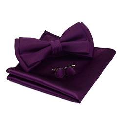 GUSLESON Herren-Manschettenknöpfe-Set, einfarbig, zweilagig, vorgebundene Fliege und Einstecktuch, mit Geschenkbox, violett, Medium von GUSLESON