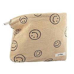 Make-up-Tasche für Frauen, Cord-Kosmetiktasche, ästhetisches Design, Damen-Tragetasche, Federmäppchen für Mädchen, niedliches Smiley-Gesicht, Make-up-Organizer mit Reißverschluss, Khaki von GUTGNK