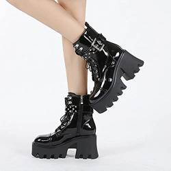 Damen Stiefel Goth Punk Style Mode Schnalle Plateau Keile Stiefel Ritterstiefel Klobiger Absatz Lederstiefel Frauen Plateau Schwarz Winterstiefel Partyschuhe mit Reißverschluss von GVGV