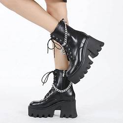 Damen Stiefel Goth Punk Style Mode Schnalle Plateau Keile Stiefel Ritterstiefel Klobiger Absatz Lederstiefel Frauen Plateau Schwarz Winterstiefel Partyschuhe mit Reißverschluss von GVGV