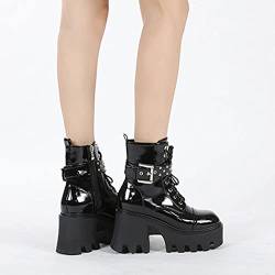 Damen Stiefel Goth Punk Style Mode Schnalle Plateau Keile Stiefel Ritterstiefel Klobiger Absatz Lederstiefel Frauen Plateau Schwarz Winterstiefel Partyschuhe mit Reißverschluss von GVGV