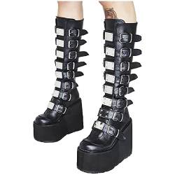 GVGV Kniehohe Stiefel für Frauen Kniehohe Goth Punk Style Mode Schnalle Plateau Keile Stiefel Freizeit Runde Zehe Reißverschluss Mittlere Wadenstiefel, Schwarz, 35 EU von GVGV