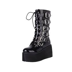 Kniehohe Stiefel für Frauen Kniehohe Goth Punk Style Mode Schnalle Plateau Keile Stiefel Freizeit Runde Zehe Reißverschluss Mittlere Wadenstiefel Plateau Partyschuhe von GVGV