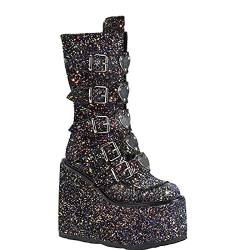 Kniehohe Stiefel für Frauen Kniehohe Goth Punk Style Mode Schnalle Plateau Keile Stiefel Freizeit Runde Zehe Reißverschluss Mittlere Wadenstiefel Plateau Partyschuhe von GVGV