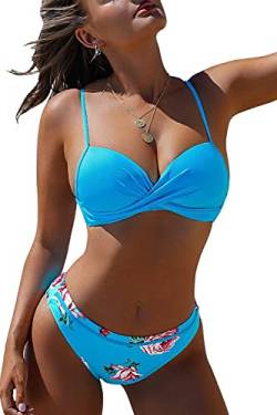 GVXDBB Damen Bikini Set Mit Wickelbindung Einfacher Stil Neckholder Rücken Schleife Niedriger Taille Badeanzug Dunkelgrün Badebekleidung (Color : Blau, Einheitsgröße : L) von GVXDBB