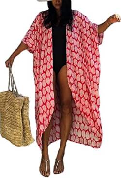 GVXDBB Damen Strandabdeckung Lange Kimono Cardigans Einfacher Stil Badeanzug Blusen Bademode Roben Übergröße Damen Sommer Strand Badeabdeckung Sarongs (Color : C-RED LEAF, Einheitsgröße : One Size) von GVXDBB