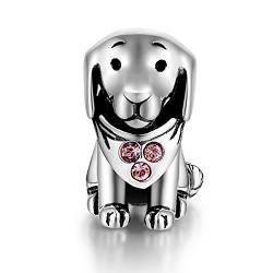 GW 925 Sterling Silber Charms Hund passt für Pandora Stil Armband Armkette Halskette für Damen (Hündchen mit rosa Zirkon) von GW