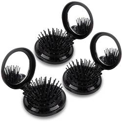 GWAWG 3 Stück Faltbare Haarbürsten mit Reise Spiegel Mini Haarbürste für Frauen Mädchen Männer Schwarz von GWAWG