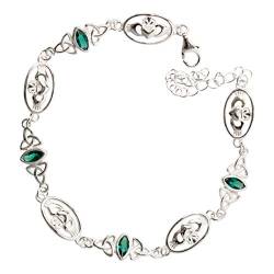GWG Jewellery 925 Sterlingsilber Irisches Claddagh und Keltischer Trinity Knoten Verziert mit Smaragdgrünem Kristall in Marquise-Form Gliederarmband von GWG Jewellery