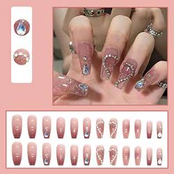 24 künstliche Nägel zum Aufdrücken kurz mit Designs Set Kristalle Nägel Künstliche Kawaii Tipsy Pink French Stick-on Tips E6Q3 Art von GXFCAI