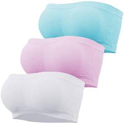 GXIN 3 Stück Damen trägerlos Bandeau BH gepolstert Nahtlose Bralettes dehnbar Bandeau Tube Top BHS (as3, Alpha, x_l, Regular, Regular, Standard, Weiß, Rosa, Blau) von GXIN